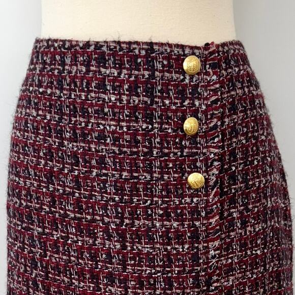 Talbots Tweed Fringe Faux Wrap Button Pencil Skirt Plaid | 12 NWT - Picture 2 of 9